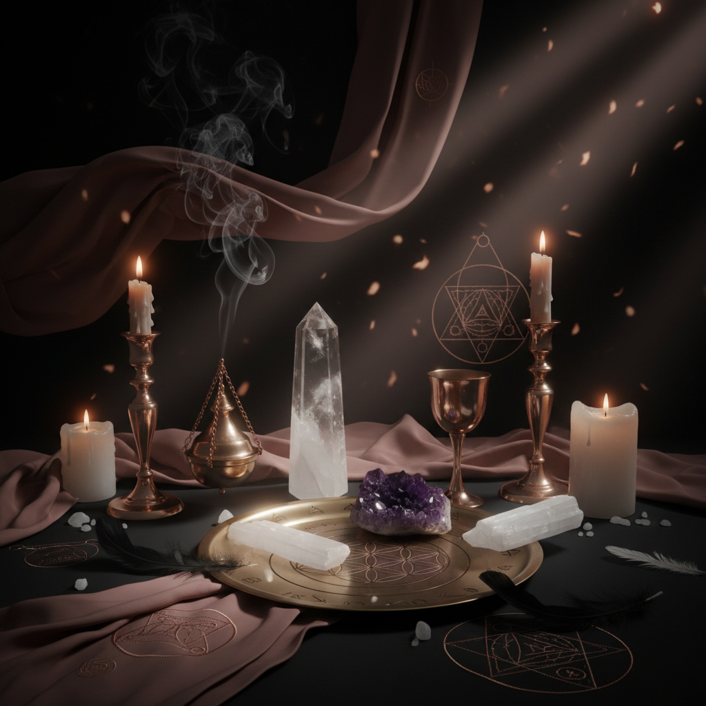 Sacred altar with candles and crystals for spirit guide communication