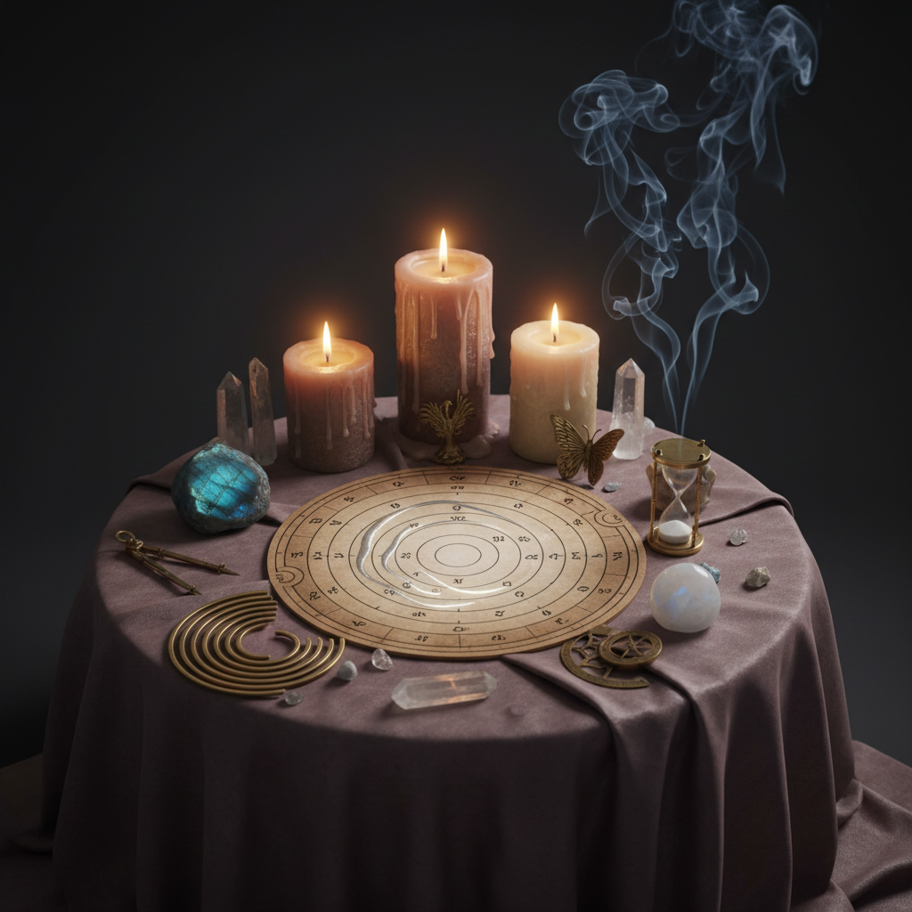 Sacred altar with progressed chart showing soul evolution and transformation