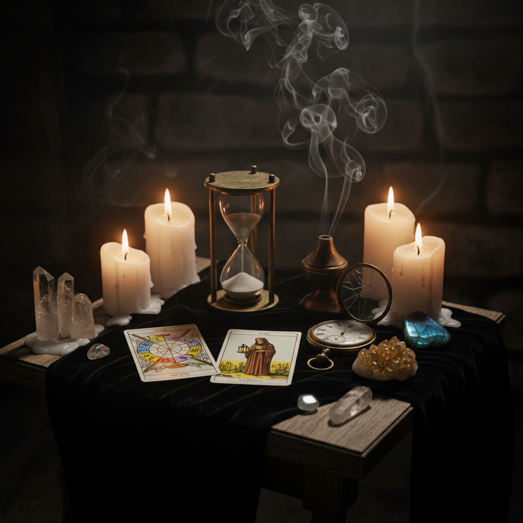 Timing Is Everything - Dark altar with hourglass and tarot cards revealing divine timing