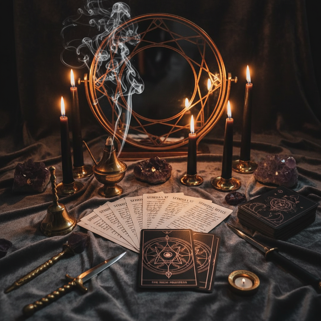 Truth-revealing receipts reading altar with tarot cards and dramatic candlelight