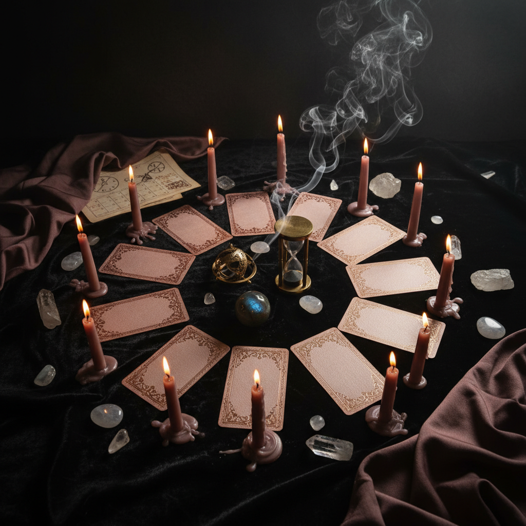 Year-ahead tarot spread with candles representing annual forecast