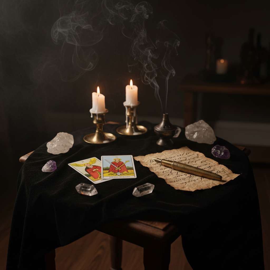 Extra Question Add-On - Dark altar with quill and tarot cards for additional questions
