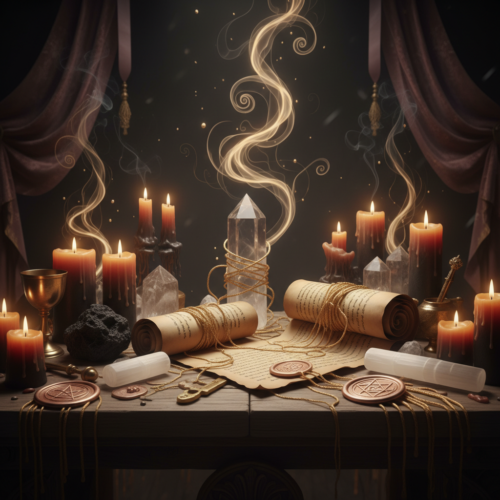 Sacred altar with scrolls representing soul contracts and spiritual agreements