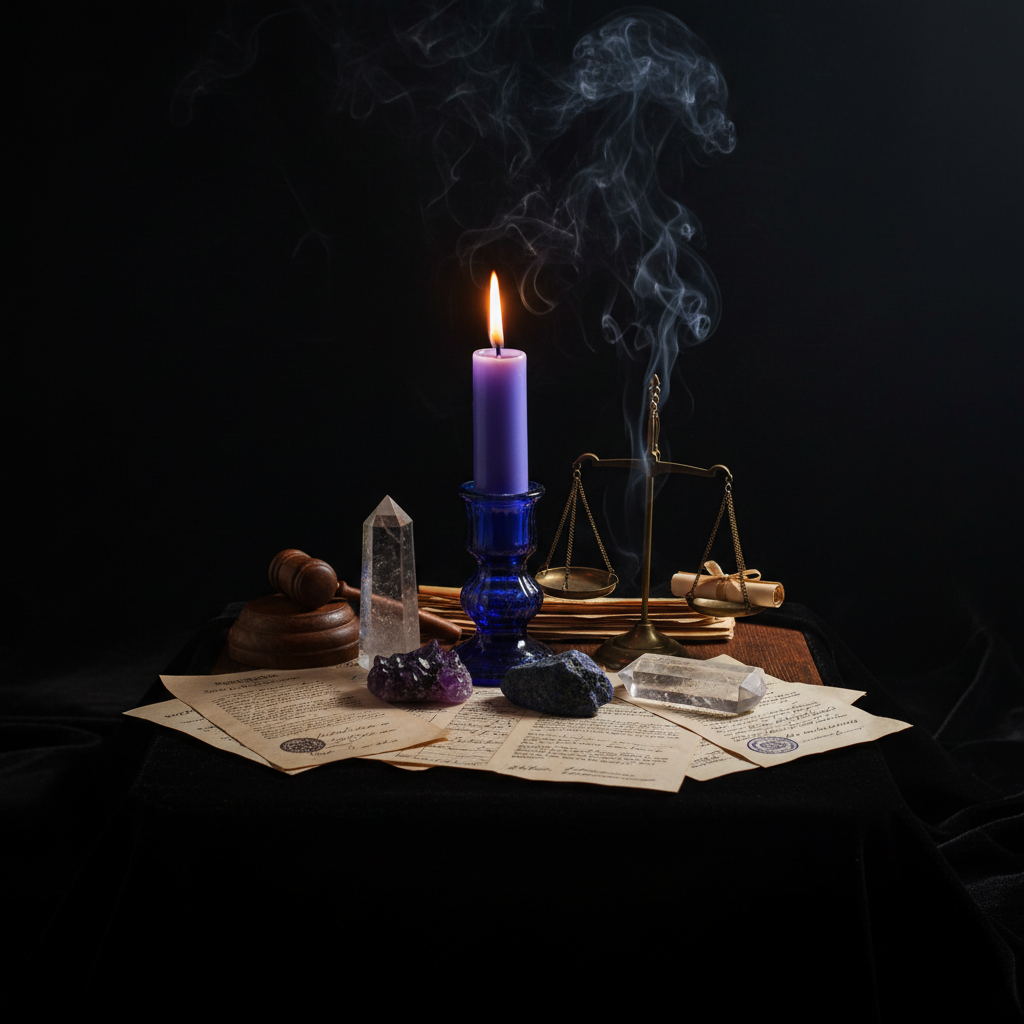 Court Case Favor Candle Working - Dark altar with purple candle, gavel, and legal documents for justice