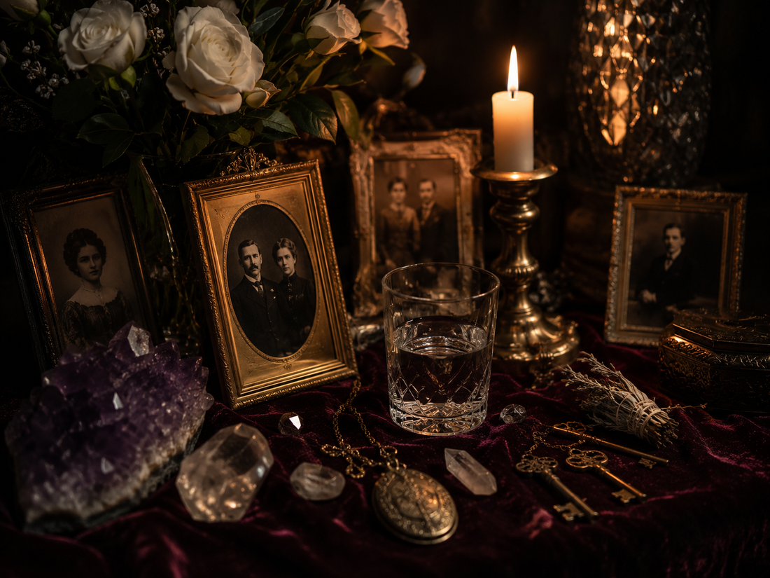 Ancestral altar with framed vintage portraits, white roses, water glass, amethyst, clear quartz, keys, and candlelight
