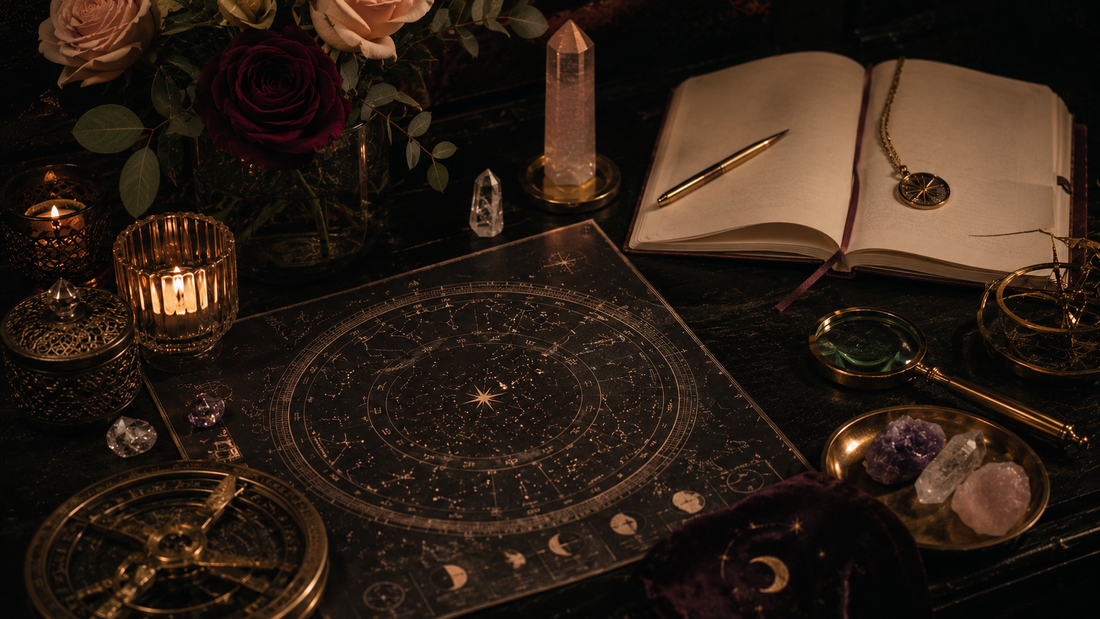 Candlelit astrology desk with star chart, journal, crystals, flowers, and gold tools for July 2026 spiritual weather