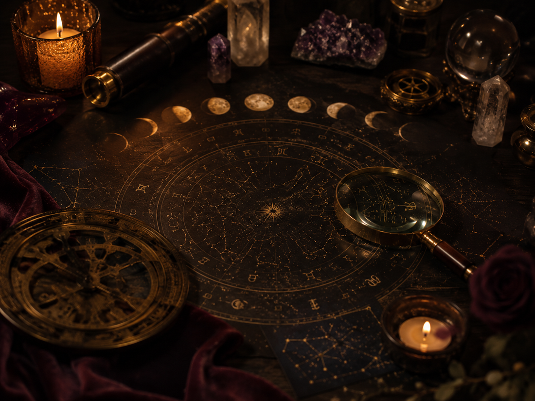 Zodiac wheel, moon phases, astrolabe, brass telescope, crystals, and candlelight for Full Moon in Aquarius guidance