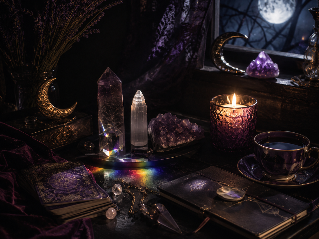 Moonlit intuitive altar with amethyst, selenite, crescent moon, prism aura light, tea, pendulum, cards, and candlelight