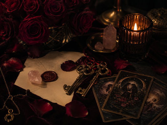 Dark luxury roses, candles, and spiritual relationship altar for soul ties and energetic cords
