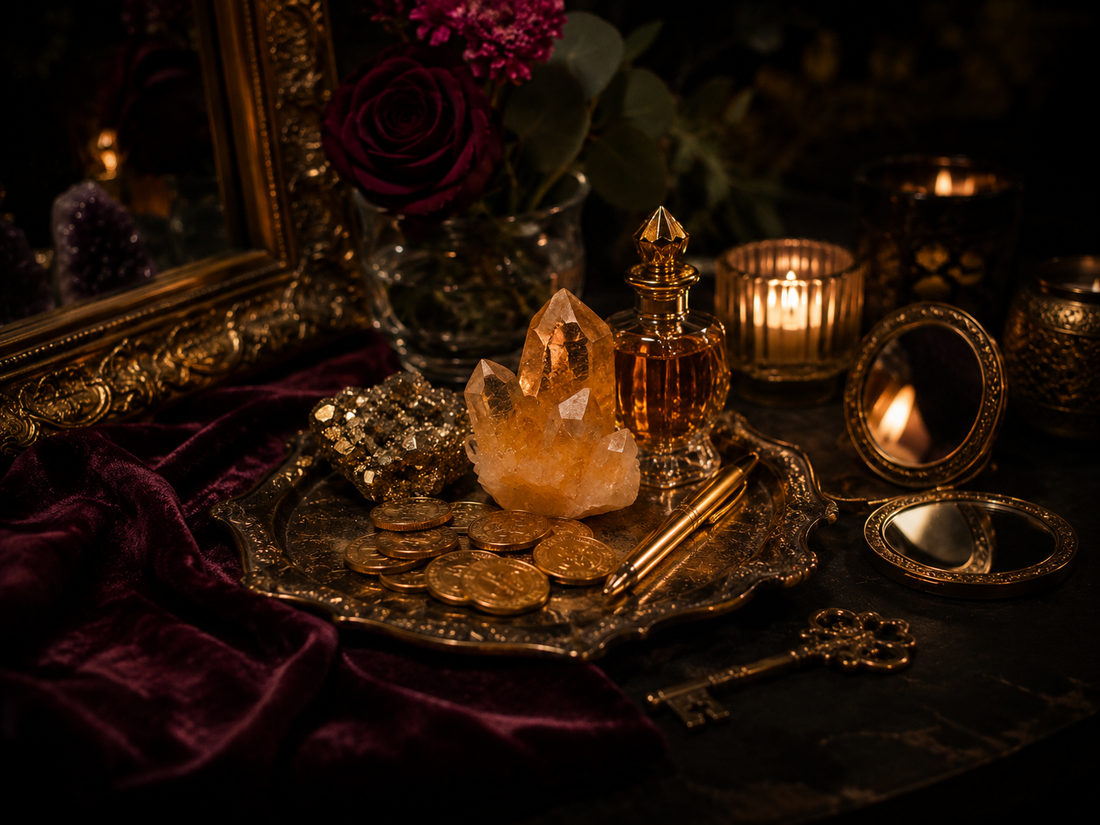 Gold coins, citrine, pyrite, mirror, antique key, candlelight, and burgundy velvet for money manifestation and visibility