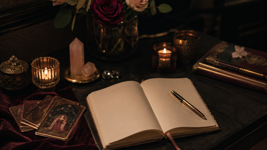 Candlelit spiritual writing desk with open journal, tarot cards, roses, crystals, and gold pen for The Empress Journal