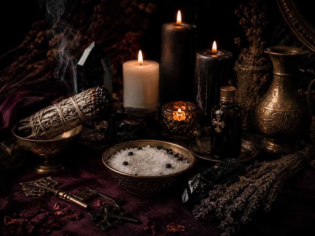 Protection altar with black and white candles, salt, smoke cleansing bundle, obsidian, herbs, ritual oil, and candlelight