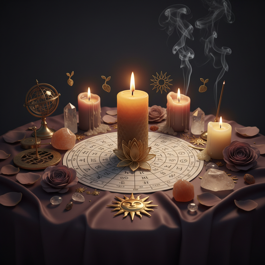Sacred birthday altar with solar return chart and renewal candles