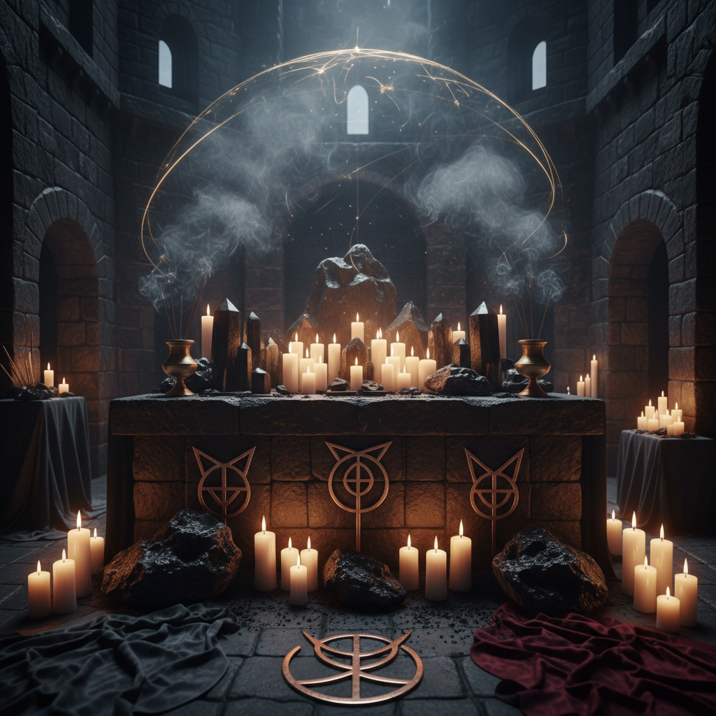 Generational protection altar with ancestral candles and protective crystals