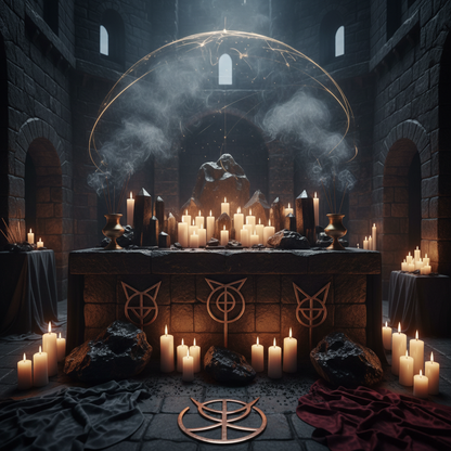 Generational protection altar with ancestral candles and protective crystals