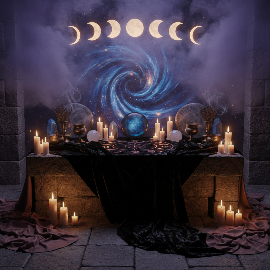 Thursday power portal ritual altar with celestial symbols and cosmic energy