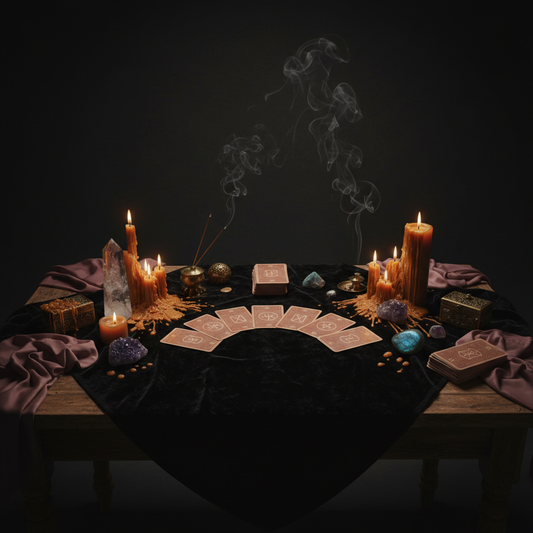 Comprehensive tarot spread with candles and crystals for in-depth reading