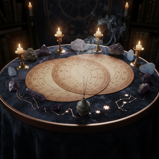 Two overlapping birth charts on dark altar symbolizing relationship connection