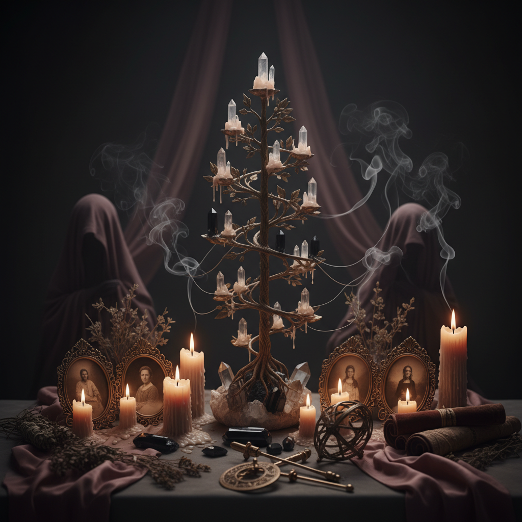 Ancestral altar with candles for generational protection scan