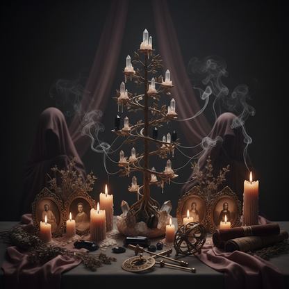 Ancestral altar with candles for generational protection scan