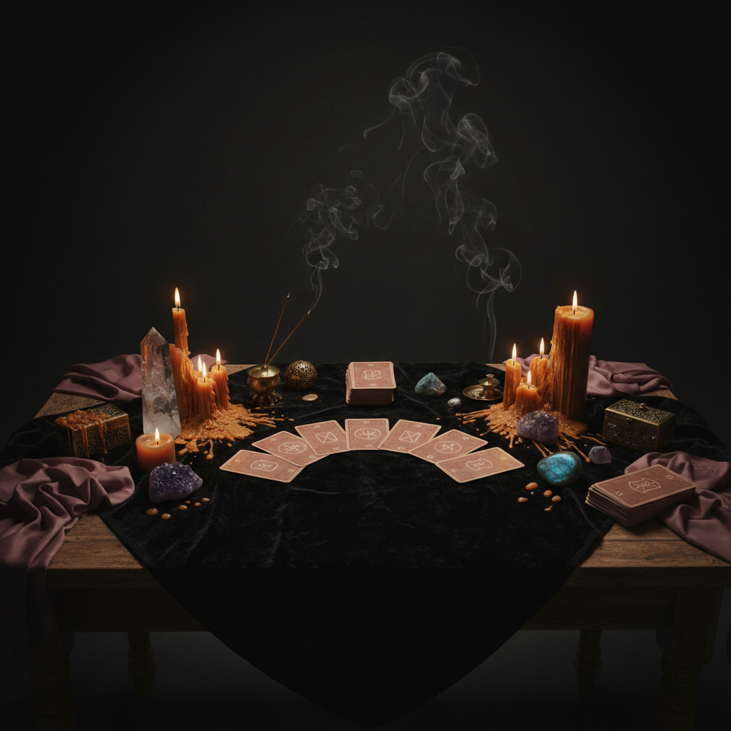 Tarot Reading — Choose Your Depth with candlelit tarot spread and crystals