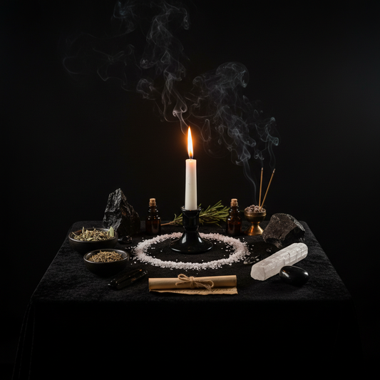 Protection & Shielding Candle Ritual - Dark altar with white candle, salt circle, and protection crystals