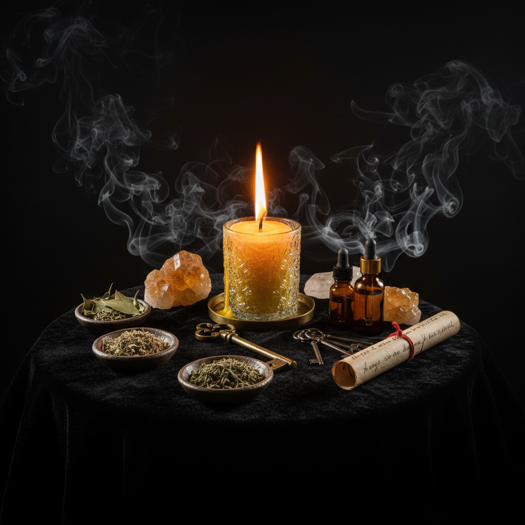Road Opener Candle Ritual - Dark altar with golden candle and keys opening pathways