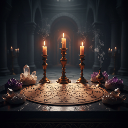 Celestial chart on dark altar with candles and crystals