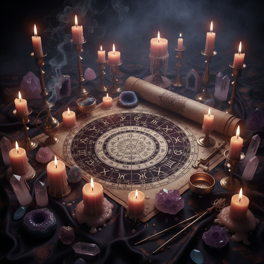 Elaborate astrological chart on dark silk with candles and ritual tools