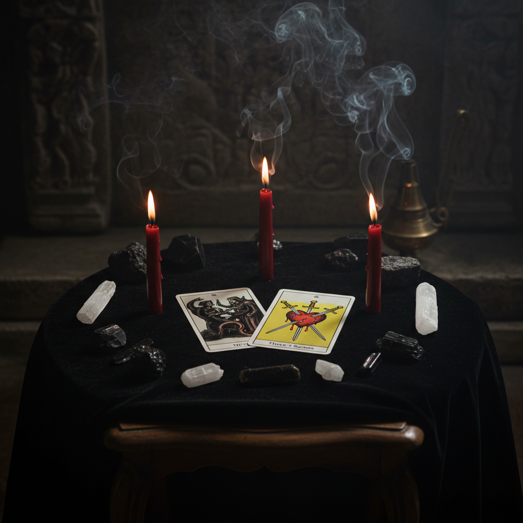 Third-Party Interference - Dark altar with three candles and tarot cards revealing meddling energy