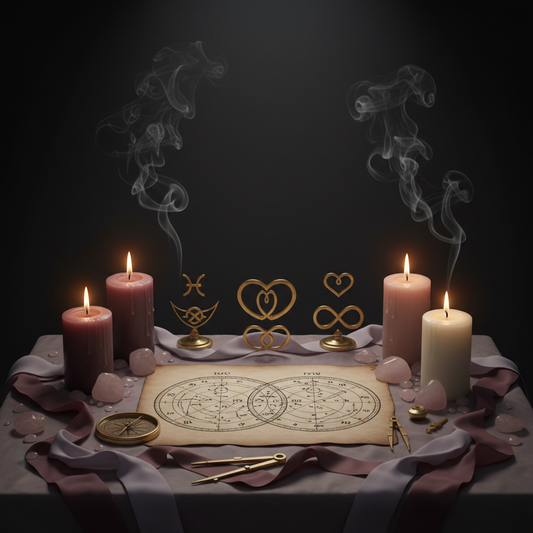 Sacred altar with overlapping birth charts and paired candles for relationship synastry