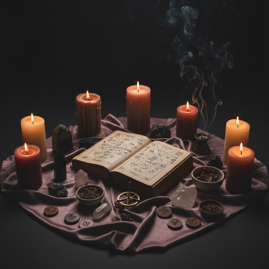 Sacred astrology altar with transit ephemeris and ritual candles for cosmic timing