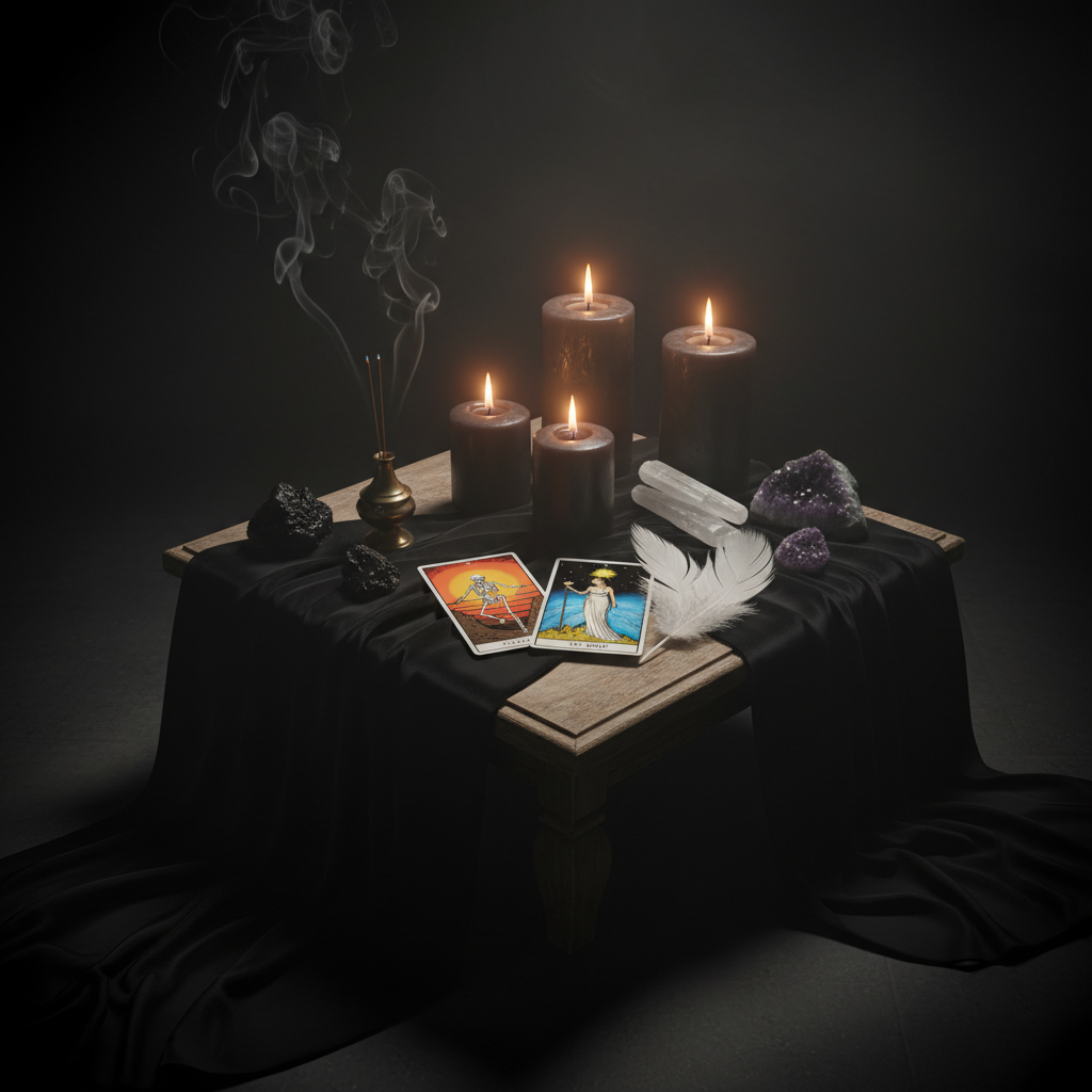 The Quiet Exit - Dark altar with feather and tarot cards revealing peaceful closure