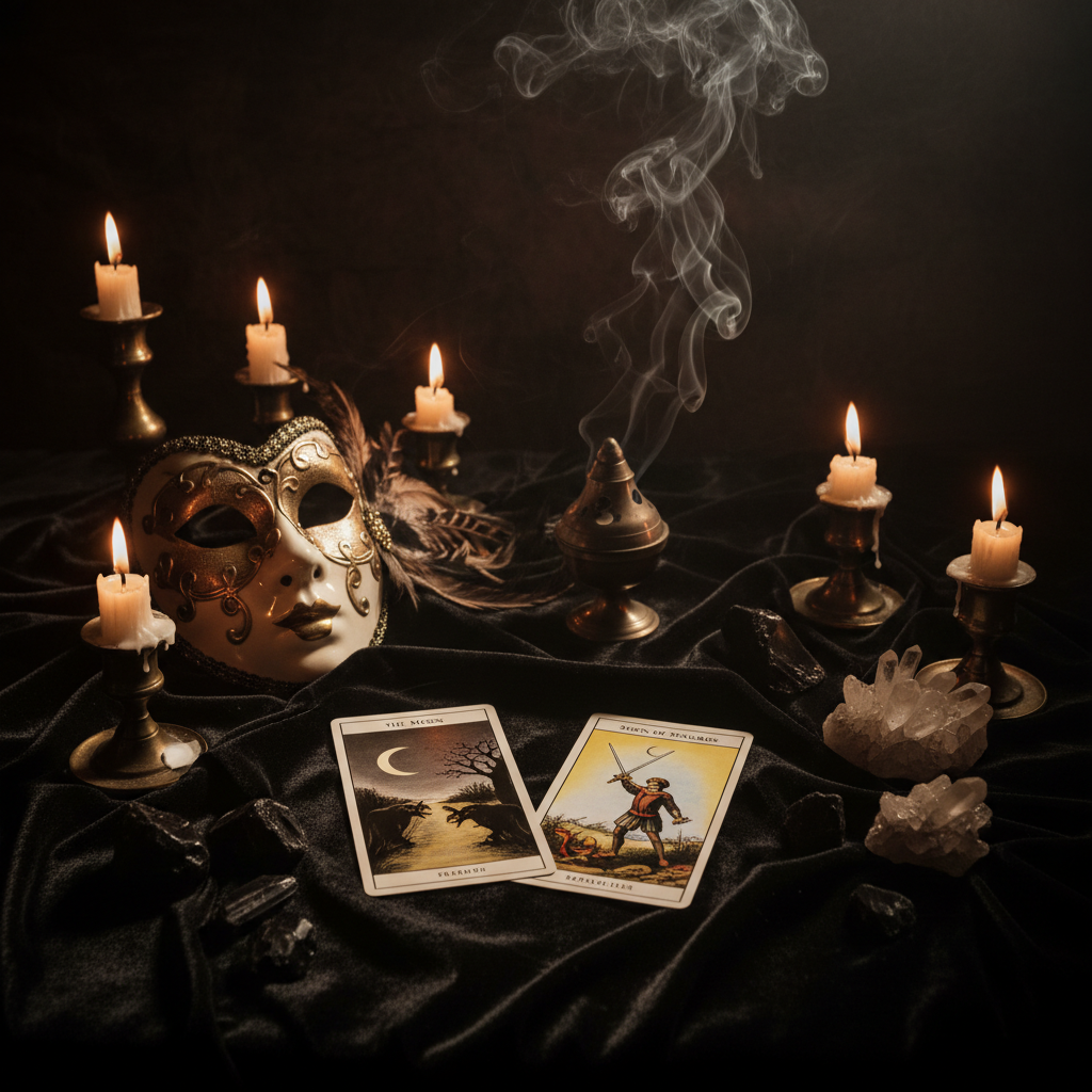 Mask Slipped Hidden Motives Check - Dark altar with mask and tarot cards revealing hidden intentions