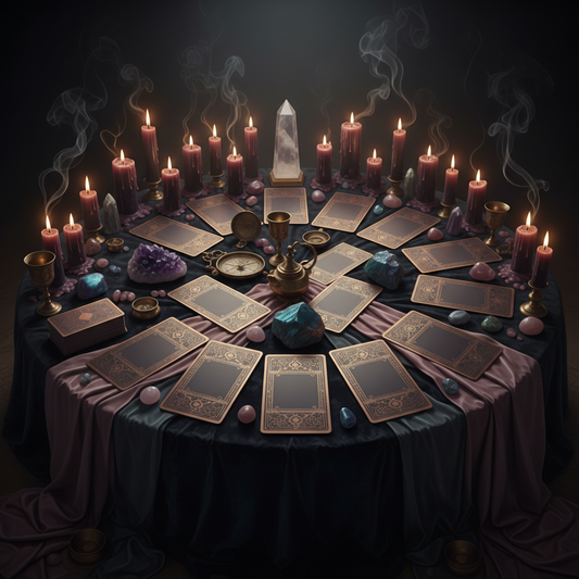 Expansive tarot spread with candles and crystals for full life reading