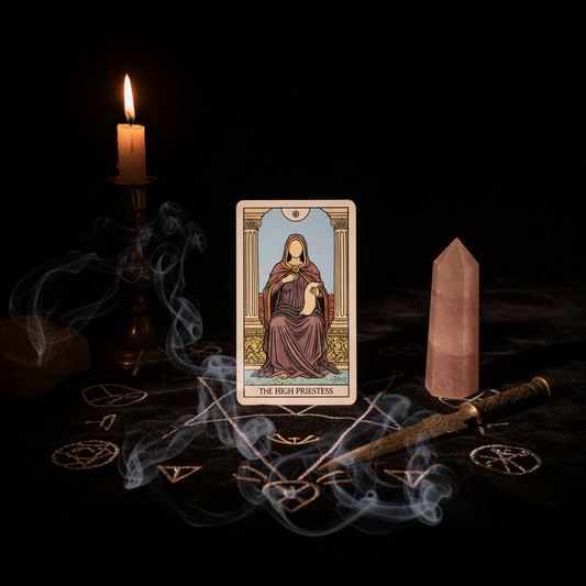 Single tarot card on dark altar with candlelight