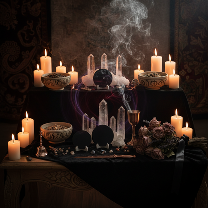 Ancestral healing altar with candles, offerings, and crystals for bloodline healing