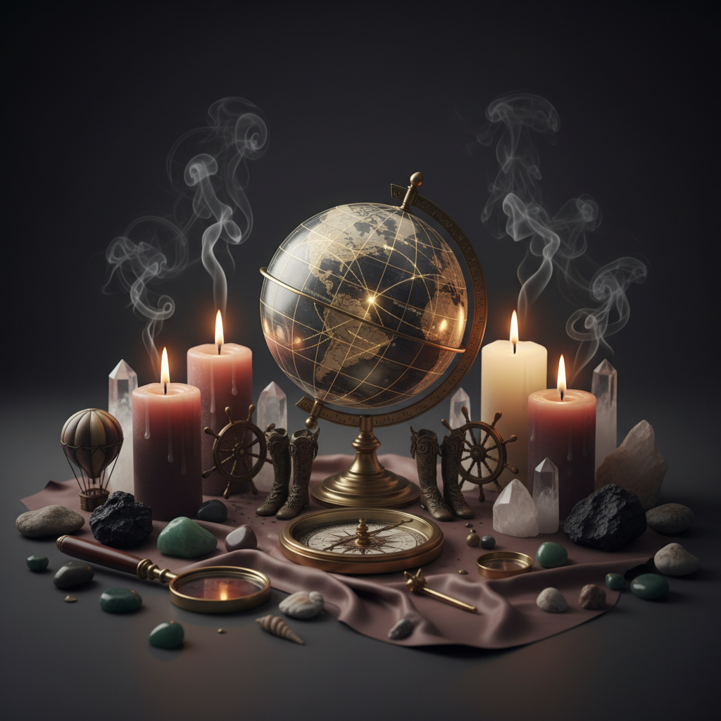 Sacred altar with world map and astrology chart showing cosmic geography