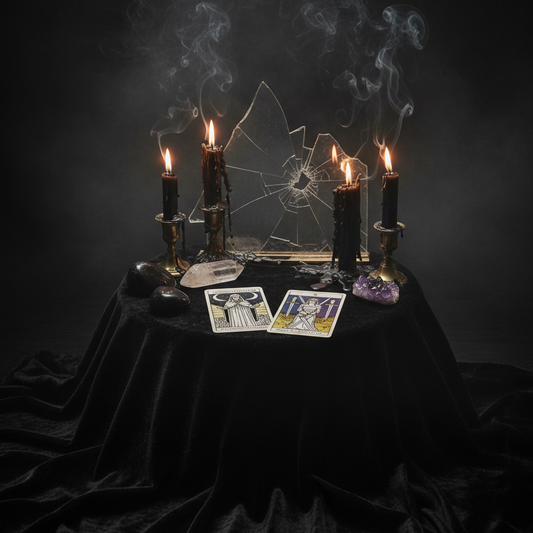 Lies Detected Truth Uncovering - Dark altar with broken mirror and tarot cards revealing truth
