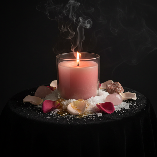Sweetening Candle Working - Dark altar with pink candle, sugar, and rose petals for sweetness