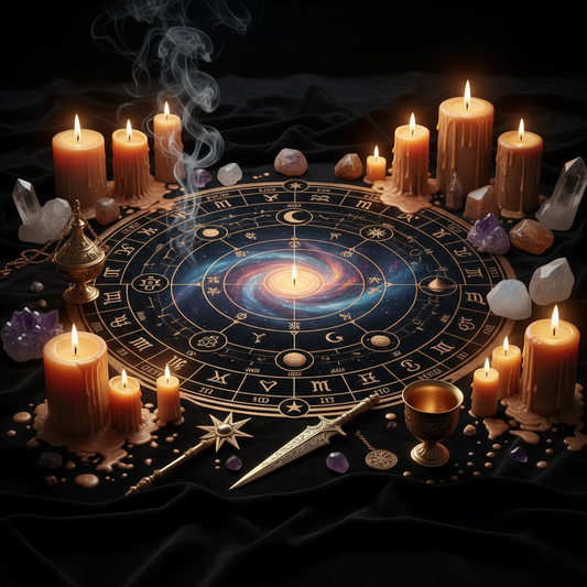 Celestial calendar with planetary symbols on luxurious dark altar with candles and ritual tools