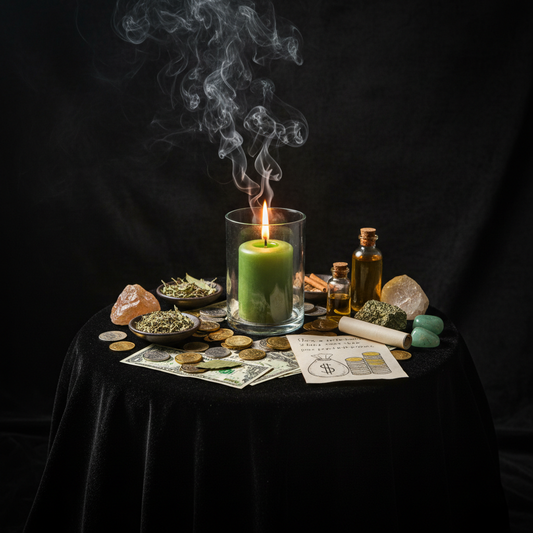 Money Drawing Candle Ritual - Dark altar with green candle, coins, and prosperity crystals