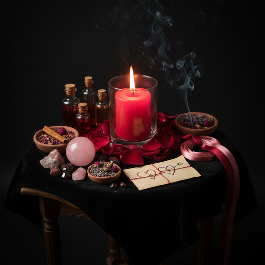 Love Drawing Candle Ritual - Dark altar with red candle, rose petals, and love crystals