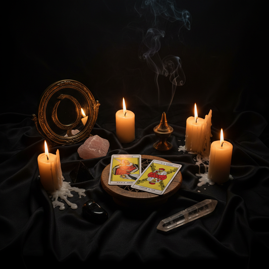 Reconnection or Recycle - Dark altar with circular mirror and tarot cards revealing return energy