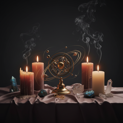 Sacred astrology altar with transit chart and candles showing cosmic timing