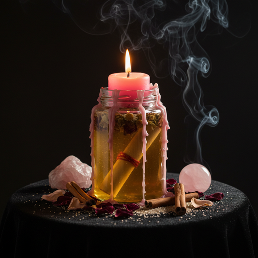 Honey Jar Sweetening Working - Dark altar with honey jar, candle, and rose petals for sweetening