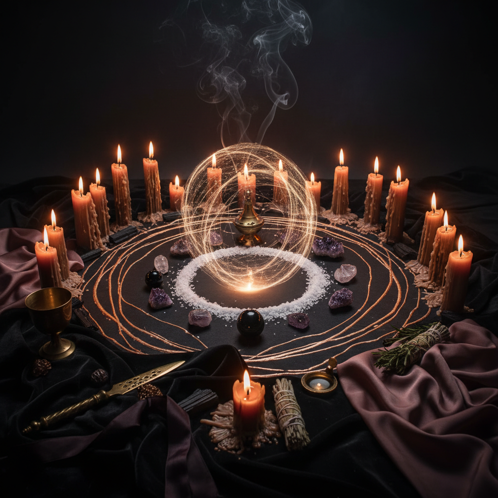 Protective altar with crystals and candles for spiritual defense and boundary reset