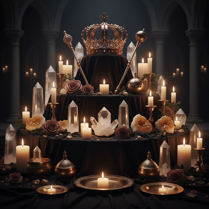 Empress mentorship altar with regal symbols, rose gold accents, and luxurious crystals