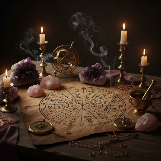 Birth chart wheel on dark altar with candlelight and celestial elements