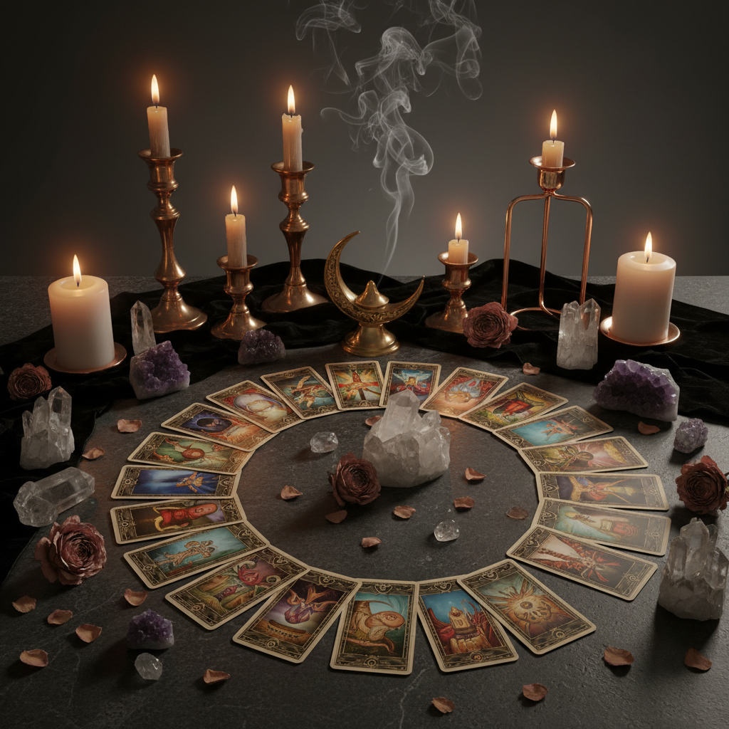 Year-ahead tarot forecast altar with elaborate card spread and candles